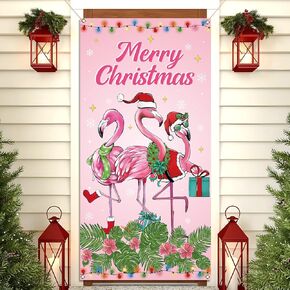Pink Christmas Flamingo Door Cover Winter Tropical Hawaiian Holiday Party Decorations Xmas Palm Aloha Decor Home Classroom Door Banner