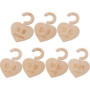 TOYANDONA Wooden Baby Closet Size Dividers, 7Pcs Love Heart Wardrobe Hanger Organizer from Newborn to 24 Month Nursery Decor Dividers for Home Nursery Infant Baby Clothes