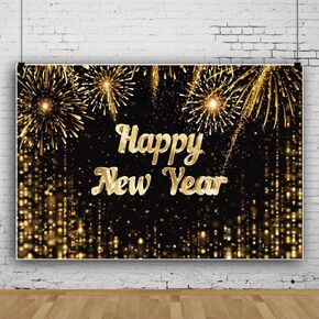 Leowefowa 10x8ft Happy New Year Backdrop Black and Gold 2025 New Year Party Background for Party Gold Firework Glitter Light Spots Festival Eve Party Banner Decor Photography Supplies Prop