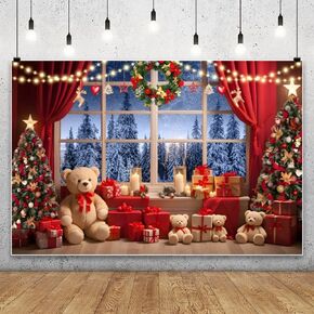 10x8ft Vinyl XMJJKUF Christmas Backdrop Red Curtain Xmas Tree with Gifts Wreath Plush Bears Snow Pine Forest Window Scenery Background Xmas Party Decors Portrait Photo Booth Props