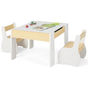 INFANS 3 in 1 Kids Table and Chair Set, Wood Multi Activity Table with Removable Tabletop Storage, Detachable Blackboard for Toddler Playing Drawing Arts Crafts,3 PCS Children Furniture