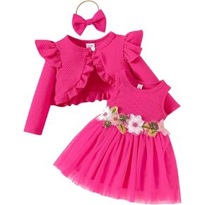 OBEEII Toddler Baby Girls Dress and Cardigan Long Sleeve Bolero Shrug Flower Knit Tutu Dress Fall Outfit with Headband Set