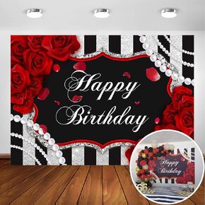 Avezano Red Rose Birthday Backdrop for Girls Woman Party Decorations Red Roses Floral Pearl Black and Silver Stripes Happy Birthday Party Banner Photoshoot Photo Booth Photography Background (7x5ft)