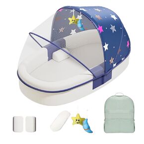 Portable Baby Lounger, Baby Nest Travel Bassinet for Newborn, Infant and Toddler, Foldable Washable Baby Nest with Mosquito Net and Sunshade (Blue)