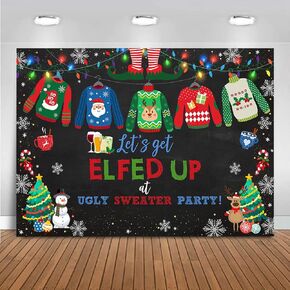 Mocsicka7x5ft Ugly Sweater Christmas Backdrop Elfed Up Ugly Sweater Party Decorations Family Friends Elfed Up Ugly Sweater Christmas Happy New Year Photo Background