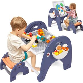 4-in-1 Kids Activity Table Set, Building Block Table with Magenetic Whiteboard, Compatible for Lego Duplo Bricks, Toddler Sensory Play Table Includes 1 Chair, 66pcs Large Bricks and 2 Storage Boxes