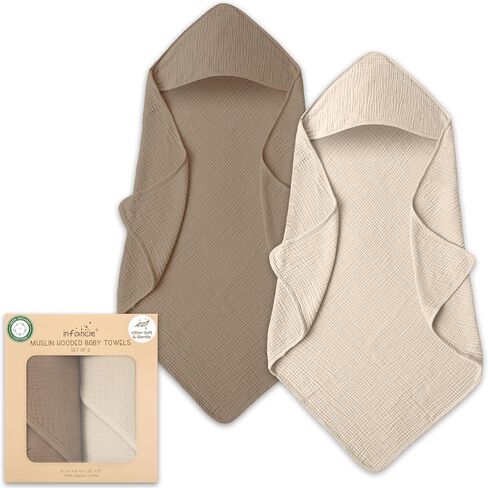 Organic Cotton Muslin Hooded Baby Towels 2 Pack, 32x32 Inches Newborn Baby Bath Towels, Hooded Baby Towels for Girl and Boy, Baby Bath Set with Hooded Baby Towels in Saudi Arabia