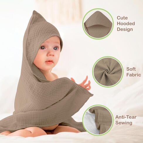Organic Cotton Muslin Hooded Baby Towels 2 Pack, 32x32 Inches Newborn Baby Bath Towels, Hooded Baby Towels for Girl and Boy, Baby Bath Set with Hooded Baby Towels in Saudi Arabia