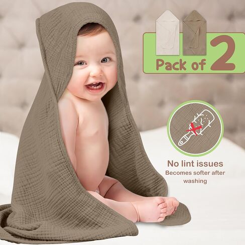 Organic Cotton Muslin Hooded Baby Towels 2 Pack, 32x32 Inches Newborn Baby Bath Towels, Hooded Baby Towels for Girl and Boy, Baby Bath Set with Hooded Baby Towels in Saudi Arabia