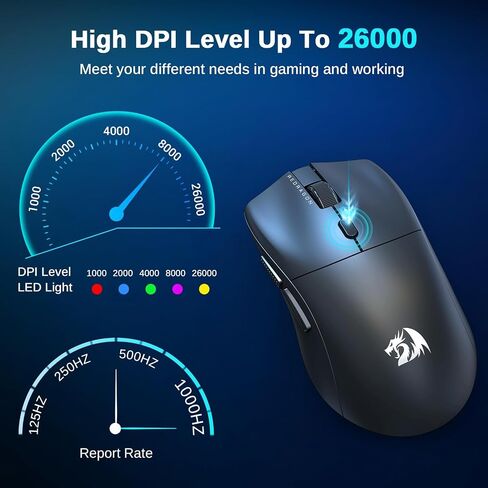 ماوس ألعاب Redragon اللاسلكي، ماوس ألعاب خفيف للغاية بدقة 26K DPI، ماوس بلوتوث ثلاثي الوضع، تصميم مريح وطبيعي، أزرار كاملة قابلة للبرمجة، يدعم البرنامج روابط المفاتيح DIY in Kuwait