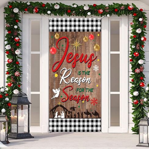Buryeah Christmas Jesus Religious Door Cover Xmas Holy Night Door Backdrop Jesus is The Reason for The Season Door Decoration for Christmas Party Hanging Decor, 70.9 x 35.4 Inches(Rustic) in Saudi Arabia