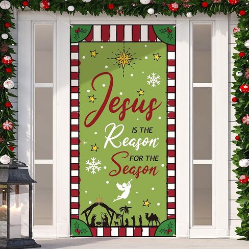 غطاء باب ديني لعيد الميلاد من Buryeah، خلفية باب ليلية مقدسة لعيد الميلاد، يسوع هو سبب تزيين باب الموسم لديكور معلق لحفلات عيد الميلاد، 70.9 × 35.4 بوصة (ريفي) in Kuwait