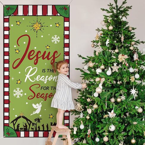 غطاء باب ديني لعيد الميلاد من Buryeah، خلفية باب ليلية مقدسة لعيد الميلاد، يسوع هو سبب تزيين باب الموسم لديكور معلق لحفلات عيد الميلاد، 70.9 × 35.4 بوصة (ريفي) in Kuwait