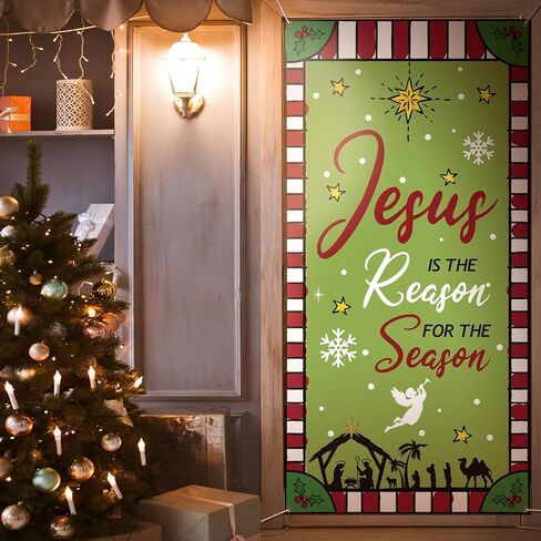 غطاء باب ديني لعيد الميلاد من Buryeah، خلفية باب ليلية مقدسة لعيد الميلاد، يسوع هو سبب تزيين باب الموسم لديكور معلق لحفلات عيد الميلاد، 70.9 × 35.4 بوصة (ريفي) in Kuwait