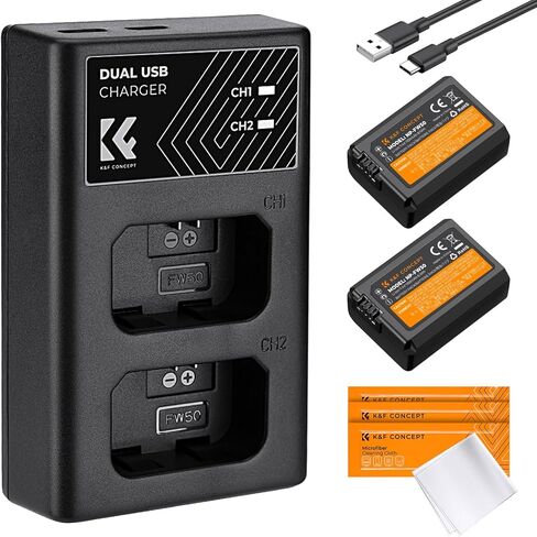 مجموعة شاحن بطارية K&F Concept NP-FW50 مع 10 قطع قماش للتنظيف لسوني A6000، A6500، A6300، A6400، A7، A7II، A7RII، A7SII، A7S، A7S2، A7R، A7R2، A55، A5100 (عبوتان، 1100 مللي أمبير في الساعة) in Kuwait