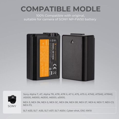 مجموعة شاحن بطارية K&F Concept NP-FW50 مع 10 قطع قماش للتنظيف لسوني A6000، A6500، A6300، A6400، A7، A7II، A7RII، A7SII، A7S، A7S2، A7R، A7R2، A55، A5100 (عبوتان، 1100 مللي أمبير في الساعة) in Kuwait