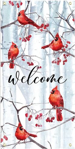 Welcome Winter Cardinal Holiday Door Cover Decorations for Outside Pine Trees Red Cardinal Birds Outdoor Decor 3x5 Ft Front Door Cover Hanging Door Wrap for Photo Booth Props Party in Saudi Arabia