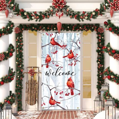 Welcome Winter Cardinal Holiday Door Cover Decorations for Outside Pine Trees Red Cardinal Birds Outdoor Decor 3x5 Ft Front Door Cover Hanging Door Wrap for Photo Booth Props Party in Saudi Arabia