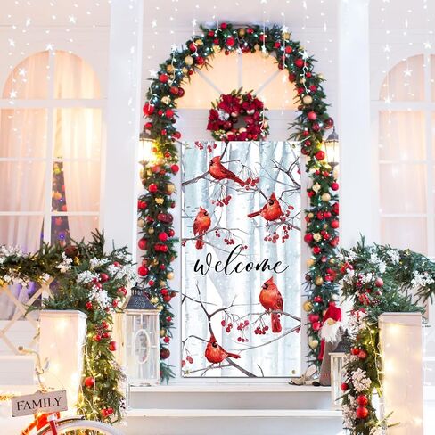 Welcome Winter Cardinal Holiday Door Cover Decorations for Outside Pine Trees Red Cardinal Birds Outdoor Decor 3x5 Ft Front Door Cover Hanging Door Wrap for Photo Booth Props Party in Saudi Arabia