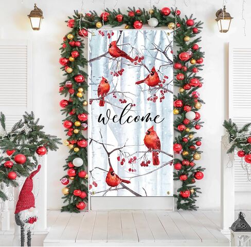 Welcome Winter Cardinal Holiday Door Cover Decorations for Outside Pine Trees Red Cardinal Birds Outdoor Decor 3x5 Ft Front Door Cover Hanging Door Wrap for Photo Booth Props Party in Saudi Arabia