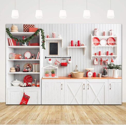 Christmas Kitchen Backdrops White Cupboard Red Tableware Photography Background Xmas Eve Wreath Pine New Year Festival Decoration Children Adult Family Party Photo Studio Props 7x5ft Vinyl in Saudi Arabia