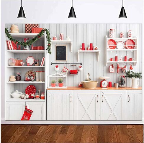 Christmas Kitchen Backdrops White Cupboard Red Tableware Photography Background Xmas Eve Wreath Pine New Year Festival Decoration Children Adult Family Party Photo Studio Props 7x5ft Vinyl in Saudi Arabia
