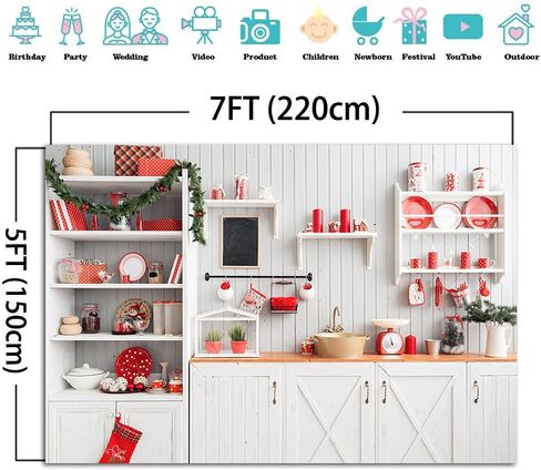 Christmas Kitchen Backdrops White Cupboard Red Tableware Photography Background Xmas Eve Wreath Pine New Year Festival Decoration Children Adult Family Party Photo Studio Props 7x5ft Vinyl in Saudi Arabia