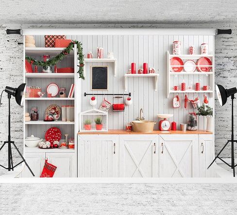 Christmas Kitchen Backdrops White Cupboard Red Tableware Photography Background Xmas Eve Wreath Pine New Year Festival Decoration Children Adult Family Party Photo Studio Props 7x5ft Vinyl in Saudi Arabia