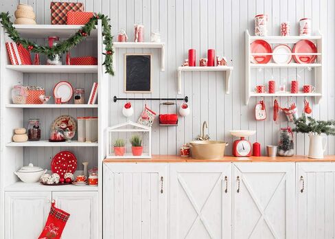 Christmas Kitchen Backdrops White Cupboard Red Tableware Photography Background Xmas Eve Wreath Pine New Year Festival Decoration Children Adult Family Party Photo Studio Props 7x5ft Vinyl in Saudi Arabia