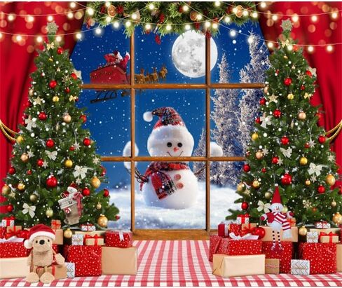 Laeacco Christmas Window Photography Backdrops 10x8FT Snowy Winter Christmas Background Windowsill Red Curtains Xmas Trees Snowman Merry Christmas Party Decorations Banner Photo Booth Studio Props in Saudi Arabia