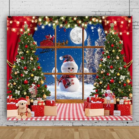 Laeacco Christmas Window Photography Backdrops 10x8FT Snowy Winter Christmas Background Windowsill Red Curtains Xmas Trees Snowman Merry Christmas Party Decorations Banner Photo Booth Studio Props in Saudi Arabia