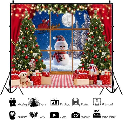 Laeacco Christmas Window Photography Backdrops 10x8FT Snowy Winter Christmas Background Windowsill Red Curtains Xmas Trees Snowman Merry Christmas Party Decorations Banner Photo Booth Studio Props in Saudi Arabia