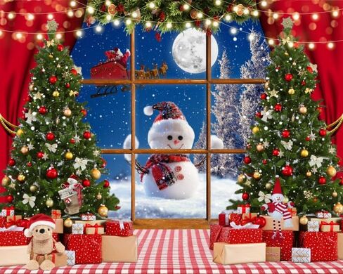 Laeacco Christmas Window Photography Backdrops 10x8FT Snowy Winter Christmas Background Windowsill Red Curtains Xmas Trees Snowman Merry Christmas Party Decorations Banner Photo Booth Studio Props in Saudi Arabia