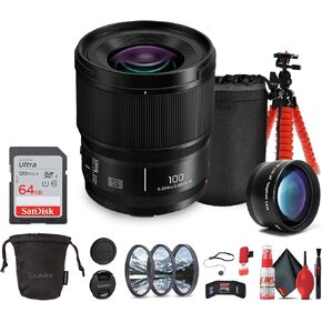 Panasonic Lumix S 100mm F/2.8 Macro Lens L Mount (S-E100) Bundle Including: 64 GB Memory Card, Telephoto Lens, Filter Kit, Flexible Tripod, Lens Pouch, Lens Caps, Card Reader, Cleaning Kit, More