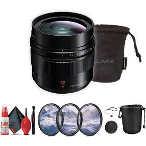 Panasonic Leica DG Summilux 12mm f/1.4 Lens (H-X012) Bundle Including: 3-Piece Filter Kit, Lens Pouch, Lens Caps, Lens Hood, Cleaning Kit, Lens Cap Keeper
