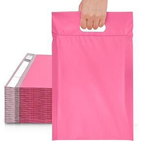 JinRuiKJ Poly Mailers with Handle 12x15.5 Inch, 50 Pcs Shipping Bags for Clothing, Thank You Packaging Bags with Self Adhesive Strip, Tearproof and Waterproof - Pink Heart
