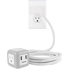 Philips, Gray/White, 3 Outlet Rubberized Cube, 2 USB, 2.4A, 10ft Braided Cord, SPS3102WB/37