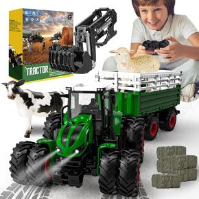 Remote Control Tractor, Farm RC Tractor Toy with Trailer and Loading Arm, Realistic Farm Vehicle Animals Toys Include 2.4 Ghz RC Tractors, Cows, Sheep and Hay Bales, Gift for 3, 4-7+ Year Old Kids