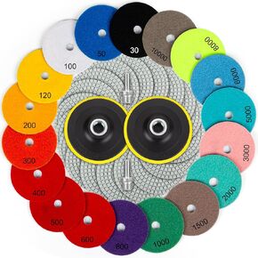 3 inch Diamond Polishing Pads Set Wet/Dry Polishing Kit 10pcs 50#-3000# Grit Pads with 2pcs Hook and Loop Backer Pads for Granite Stone Concrete Marble Floor Grinder or Polisher (12 Pack)