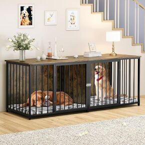 YITAHOME Double Dog Crate Furniture, 80.2 inch Large Breed Dog Kennel with Divider, Heavy Duty Dog House TV Stand Indoor for 2 Medium Dogs, Black