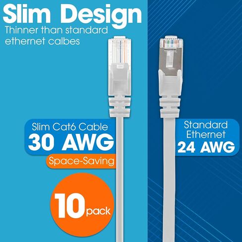 Intellinet Cat6 Slim UTP Ethernet Patch Cable 10-Pack, 3 ft, White | 10G 250 MHz pure copper thin cord with 30 AWG stranded wire, gold contacts, snag-free boot, PoE and rack use, resealable bag in Kuwait