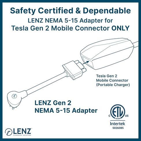 محول LENZ NEMA 06-15 لشاحن الهاتف المحمول Tesla Gen 2، قم بتوصيل شاحن الهاتف المحمول Tesla بمنفذ NEMA 06-15 240 فولت عند 24 أمبير (طول 14 بوصة) in Kuwait