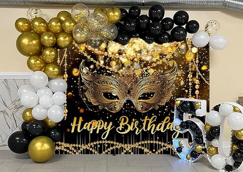 7X5FT Black and Gold Glitter Happy Birthday Backdrop Masquerade Mask Party Decorations Supplies Banner Masquerade Theme Carnival Dancing Photography Background in Kuwait