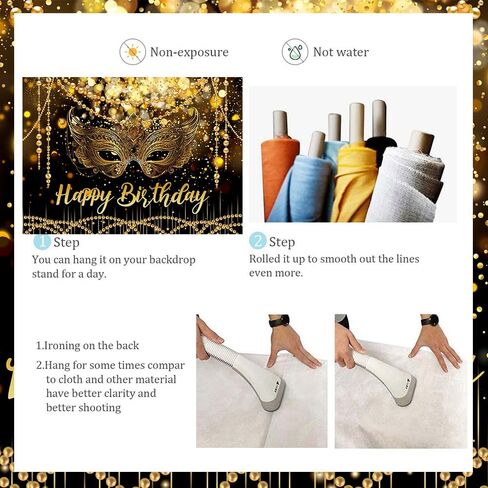 7X5FT Black and Gold Glitter Happy Birthday Backdrop Masquerade Mask Party Decorations Supplies Banner Masquerade Theme Carnival Dancing Photography Background in Kuwait