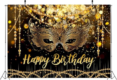 7X5FT Black and Gold Glitter Happy Birthday Backdrop Masquerade Mask Party Decorations Supplies Banner Masquerade Theme Carnival Dancing Photography Background in Kuwait