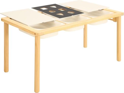 Sensory Table with 2 Foldable Storage Bins, Multifunction Wooden Sand and Water Table with Double-Side Board & Paper Roll Dispenser, Activity Game Table, Indoor Outdoor Use, for Kids in Saudi Arabia