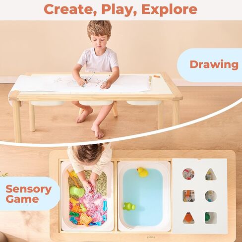 Sensory Table with 2 Foldable Storage Bins, Multifunction Wooden Sand and Water Table with Double-Side Board & Paper Roll Dispenser, Activity Game Table, Indoor Outdoor Use, for Kids in Saudi Arabia