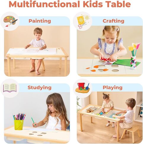 Sensory Table with 2 Foldable Storage Bins, Multifunction Wooden Sand and Water Table with Double-Side Board & Paper Roll Dispenser, Activity Game Table, Indoor Outdoor Use, for Kids in Saudi Arabia