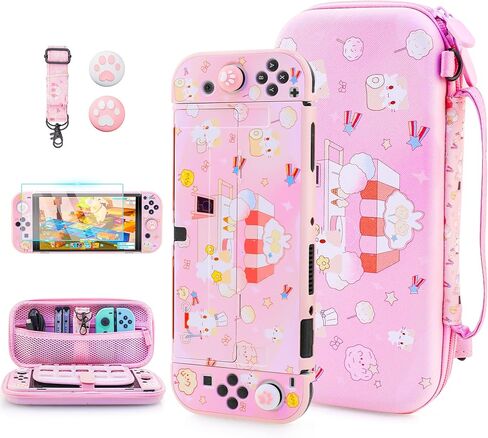 Fundiary لطيف لحقيبة حمل Mashumaro لجهاز Nintendo Switch، ملحقات حقيبة تخزين للسفر باللون الوردي لوحدة تحكم Switch Joycon مع غطاء واقي من مادة TPU، واقي شاشة، حزام كتف وغطاءين للإبهام in Kuwait