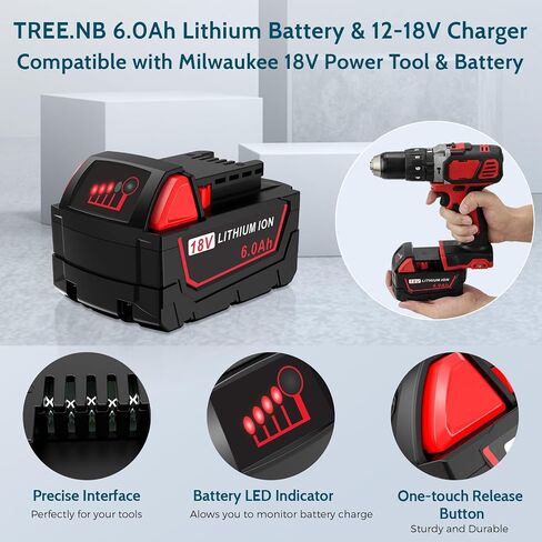 6.0Ah M18 Battery Replacement for Milwaukee M18 Battery 48-11-1850 48-11-1852 48-11-1850R 48-11-1840 48-11-1828 48-11-1820 Compatible with Milwaukee 18V Battery(2Pack) in Kuwait